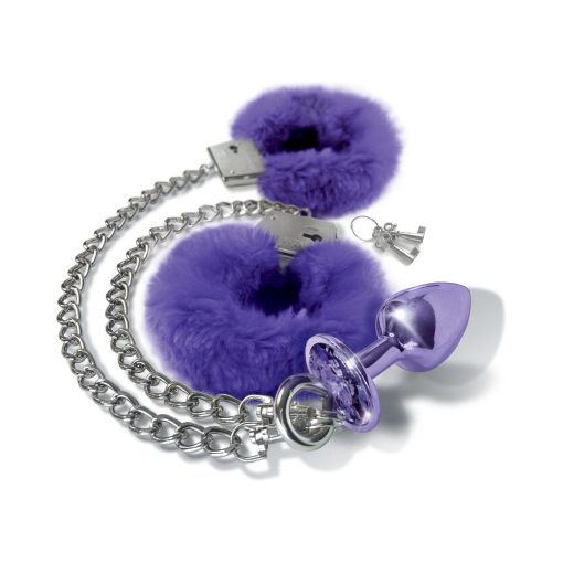 Nixie Metal Butt Plug & Furry Handcuff Set Medium Purple Metallic - Image 3