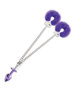 Nixie Metal Butt Plug & Furry Handcuff Set Medium Purple Metallic
