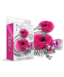 Nixie Metal Butt Plug & Furry Handcuff Set Medium Pink Metallic