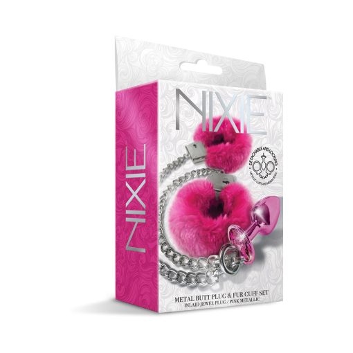 Nixie Metal Butt Plug & Furry Handcuff Set Medium Pink Metallic - Image 2