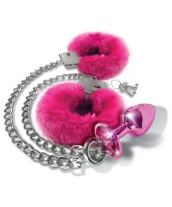 Nixie Metal Butt Plug & Furry Handcuff Set Medium Pink Metallic