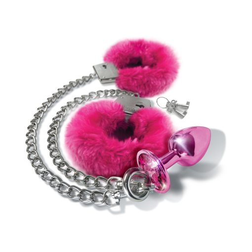 Nixie Metal Butt Plug & Furry Handcuff Set Medium Pink Metallic - Image 3