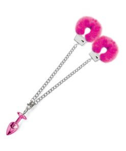 Nixie Metal Butt Plug & Furry Handcuff Set Medium Pink Metallic