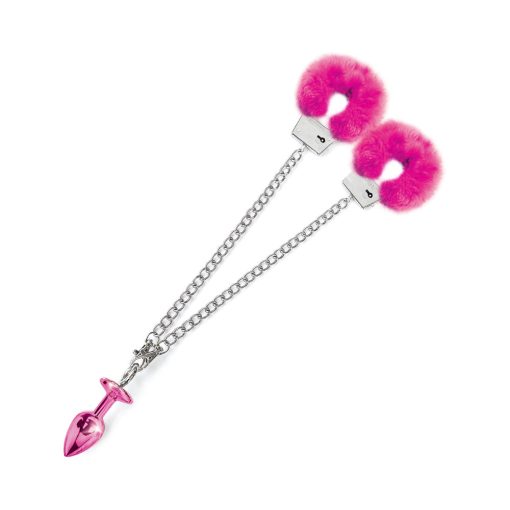 Nixie Metal Butt Plug & Furry Handcuff Set Medium Pink Metallic - Image 5