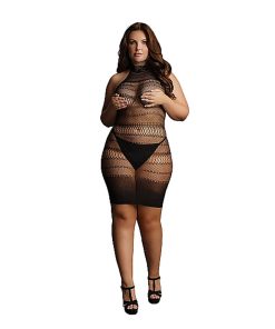Le Desir High Lace Neck Net Mini Dress Black Queen Size
