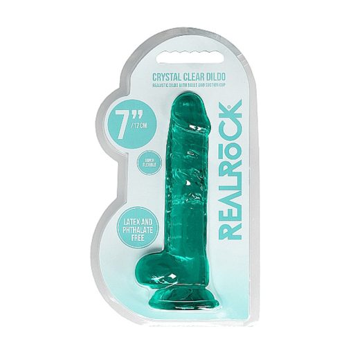 Realrock Crystal Clear Realistic 7 In. Dildo With Balls And Suction Cup Turquoise