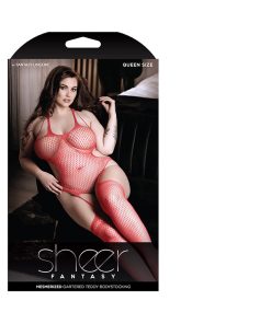 Fantasy Lingerie Sheer Mesmerized Gartered Bodystocking Sunset Coral Queen Size