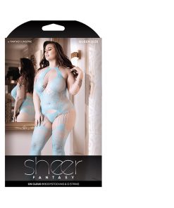 Fantasy Lingerie Sheer On Cloud 9 Bodystocking & G-String Light Blue Queen Size