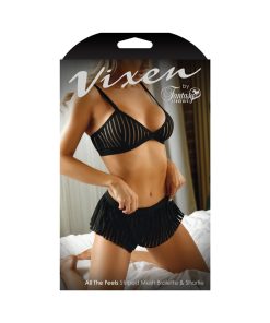 Fantasy Lingerie Vixen All The Feels Striped Mesh Bralette & Shorties Black L/Xl