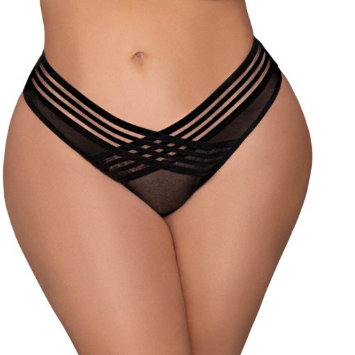 Dreamgirl Mesh Thong With Shadow Stripe Elastic Front Detail Black 1X Hanging
