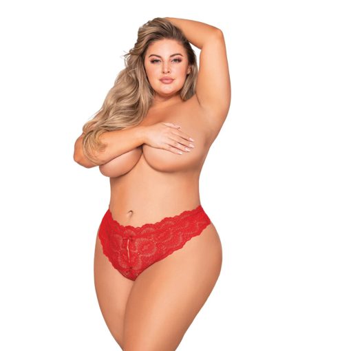 Dreamgirl Lace Tanga Open-Crotch Panty And Elastic Open Back Detail Red 1X Hanging - Image 3