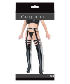Coquette Thigh-High Wetlook Stockings With Garters Black Queen Size Boxed