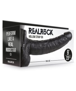 Realrock Realistic 9 In. Hollow Strap-On With Balls Black