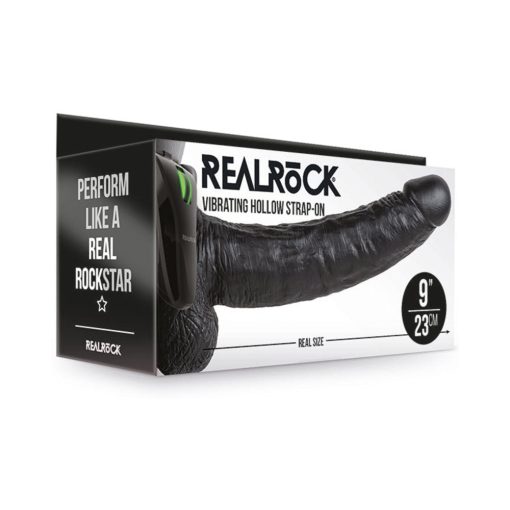 Realrock Realistic 9 In. Vibrating Hollow Strap-On With Balls Black