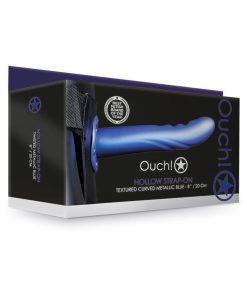 Ouch! Textured Curved 8 In. Hollow Strap-On Metallic Blue
