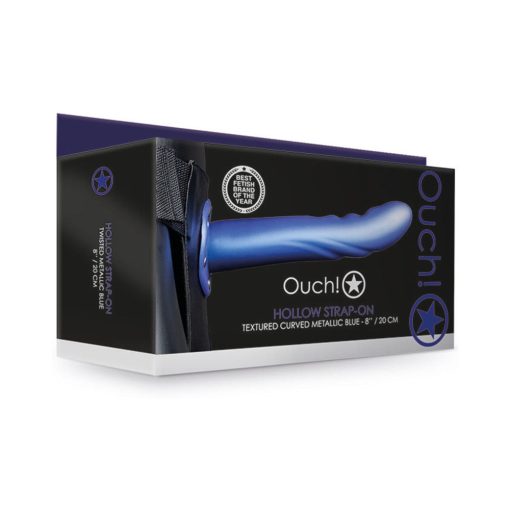 Ouch! Textured Curved 8 In. Hollow Strap-On Metallic Blue