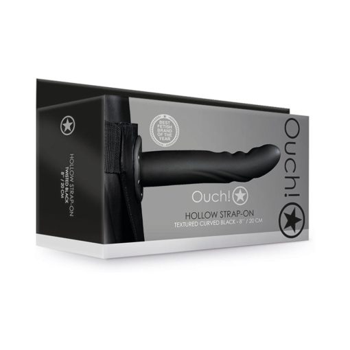 Ouch! Textured Curved 8 In. Hollow Strap-On Black