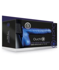 Ouch! Ribbed 8 In. Hollow Strap-On With Balls Metallic Blue