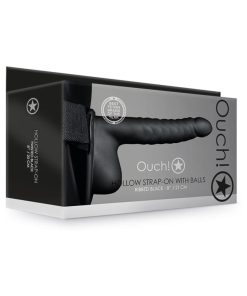 Ouch! Ribbed 8 In. Hollow Strap-On With Balls Black