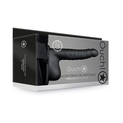 Ouch! Ribbed 8 In. Hollow Strap-On With Balls Black