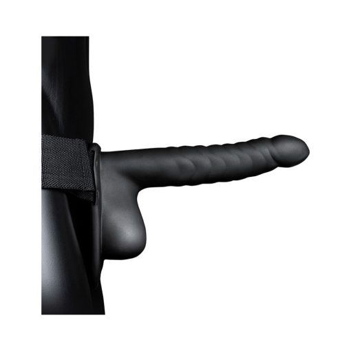 Ouch! Ribbed 8 In. Hollow Strap-On With Balls Black - Image 2