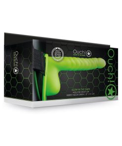 Ouch! Ribbed 8 In. Glow In The Dark Hollow Strap-On With Balls Neon Green