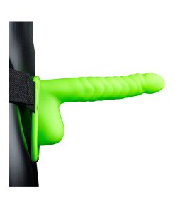 Ouch! Ribbed 8 In. Glow In The Dark Hollow Strap-On With Balls Neon Green