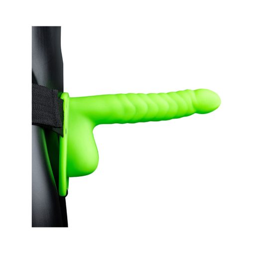Ouch! Ribbed 8 In. Glow In The Dark Hollow Strap-On With Balls Neon Green - Image 2