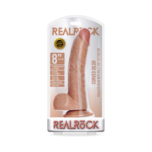 Realrock Realistic 8 In. Curved Dildo With Balls And Suction Cup Tan