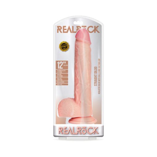 Realrock Realistic 12 In. Straight Dildo With Balls And Suction Cup Beige
