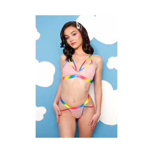 Fantasy Lingerie Vibes Make It Rain Caged Bralette & Panty With Booty Harness Rainbow M/L - Image 2