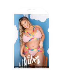 Fantasy Lingerie Vibes Make It Rain Caged Bralette & Panty With Booty Harness Rainbow Queen Size