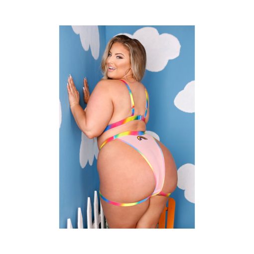Fantasy Lingerie Vibes Make It Rain Caged Bralette & Panty With Booty Harness Rainbow Queen Size - Image 3