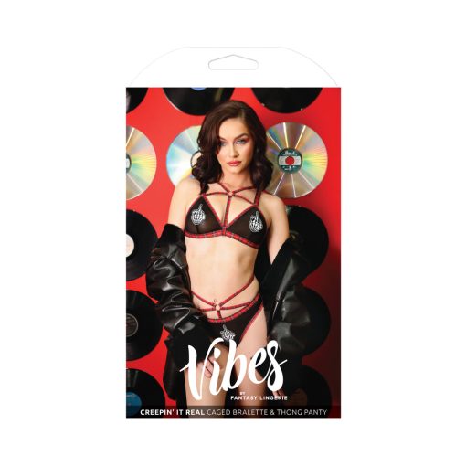 Fantasy Lingerie Vibes Creepin' It Real Caged Bralette & Thong Panty Black L/Xl