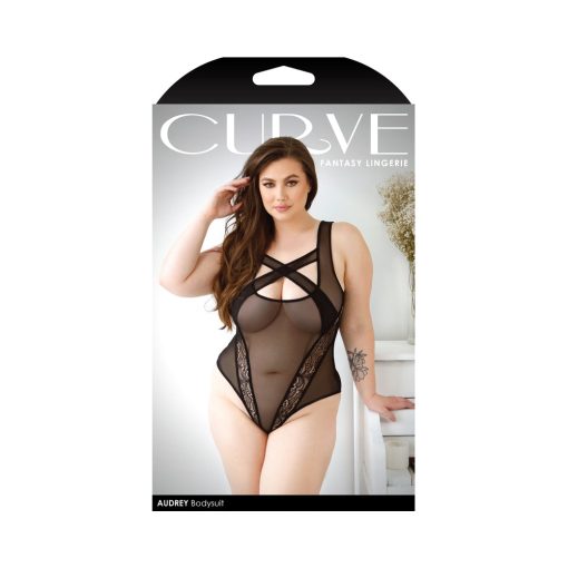 Fantasy Lingerie Curve Audrey Criss-Cross Mesh Bodysuit Black Xl/2Xl