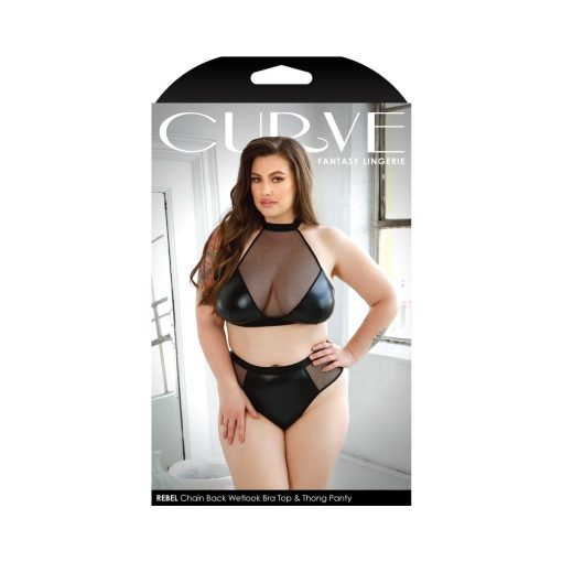 Fantasy Lingerie Curve Rebel Chain Back Wetlook Bra Top & Matching Thong Panty Black 3Xl/4Xl