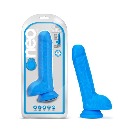 Neo 9 In. Dual Density Dildo With Balls Neon Blue
