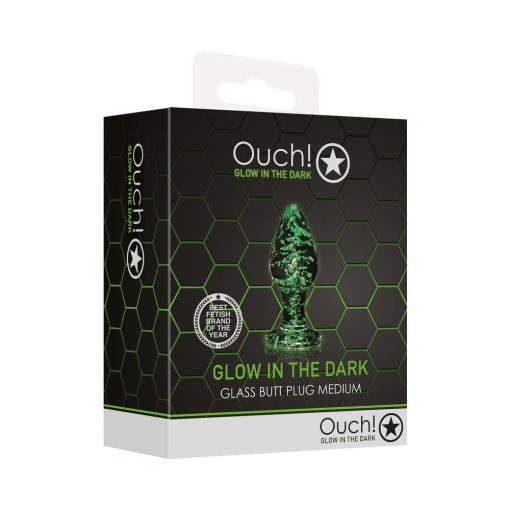 Ouch! Glow In The Dark Glass Anal Plug Clear/Green Medium