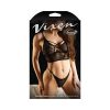 Vixen Call Me Yours Longline Bralette With Grommets & Thong Panty Black L/Xl