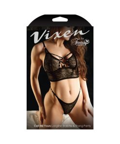 Vixen Call Me Yours Longline Bralette With Grommets & Thong Panty Black L/Xl