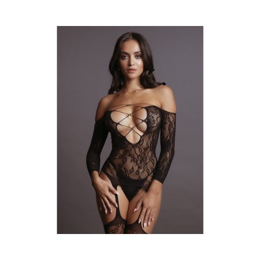 Le Desir Deep-V Criss-Cross Bodystocking Black O/S - Image 2