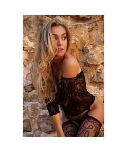 Le Desir Deep-V Criss-Cross Bodystocking Black O/S