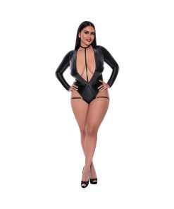 Magic Silk Liquid Onyx Long Sleeve Teddy With Harness Caging Black Queen