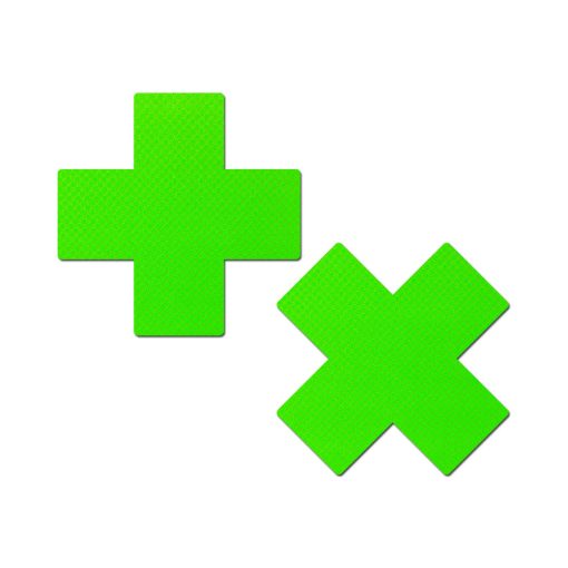 Pastease Plus X: Neon Green Day-Glow Lycra Cross Nipple Pasties - Image 2