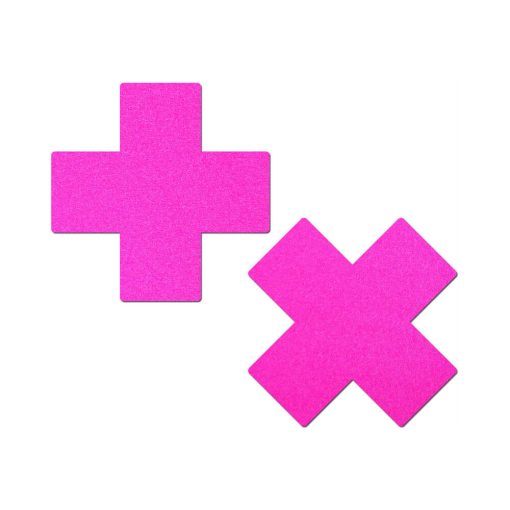 Pastease Plus X: Neon Pink Day-Glow Lycra Cross Nipple Pasties - Image 2