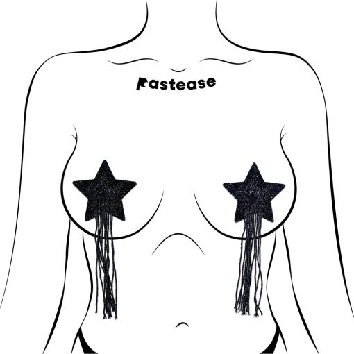 Tassel Pasties: Black Sparkle Star Pastease With Long Fringe Nipple Pasties - Image 2