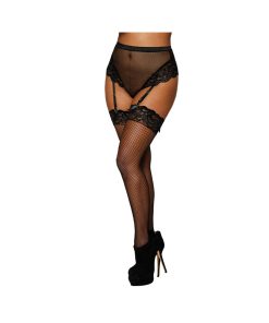Dreamgirl High-Waist Fishnet And Lace Gartered Thong With Keyhole Ribbon-Tie Back Black Xl