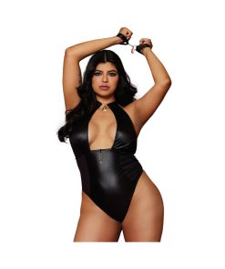 Dreamgirl Wetlook Corseted Back Halter-Neck Thong Teddy With Wrist Restraints Black Queen Size