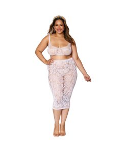 Dreamgirl Lace Fishnet Bralette & Slip Skirt White Queen Size