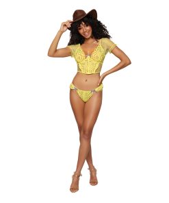 Dreamgirl Embroidered Eyelet Band And Stretch Fishnet Bustier And G-String Set Citrus Xl